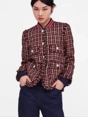 Zara Tweed Plaid Bouclé Button Blazer In Navy And Red